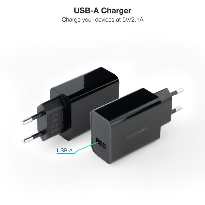 Nanocable Cargador de Pared USB-A 5V/2.1A Negro 10W Nanocable Cargador de Pared USB-A 5V/2.1A Negro 10W